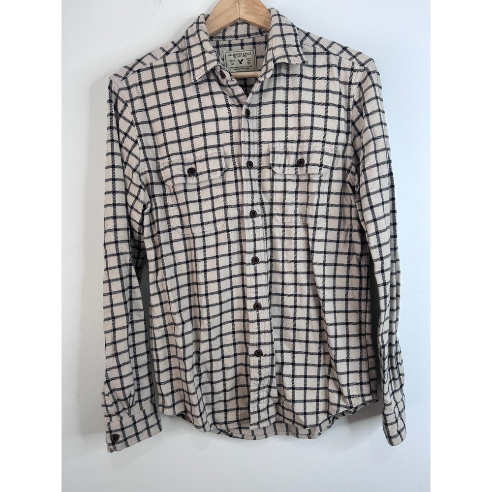 American Eagle Mens Small Flannel Shirt Cream Black Windowpane Plaid Button Down